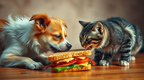 A captivating photograph capturing the chaotic energy of a dog and cat vying for possession of a colossal sandwich. Bathed in