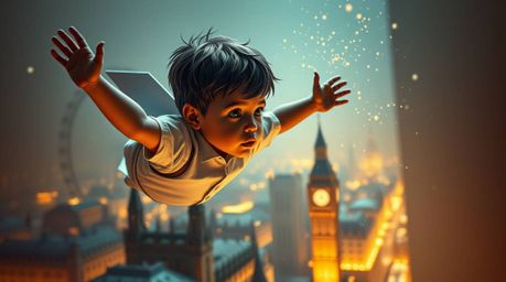 A young boy with striking features, crafted in an intricate origami style, soars above the London skyline, dusted with pixie 