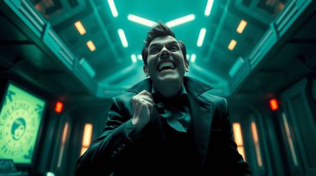 A high-resolution stock photo showcasing a villain experiencing a humorous breakdown within their high-tech lair. The image b
