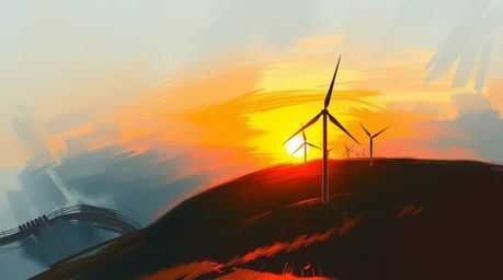 A captivating digital painting showcasing a vibrant sunset behind a row of wind turbines perched on a hill.  The artwork feat