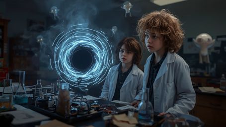 A dynamic, cinematic photograph, reminiscent of Pixar's vibrant style, captures a science fair duo amidst a cluttered laborat