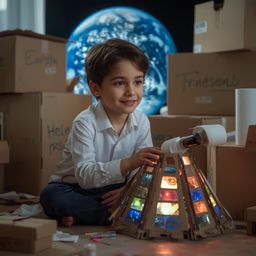 Exquisite high-fashion photography captures a young boy's imaginative journey.  Wearing a stylish outfit, he builds an intric