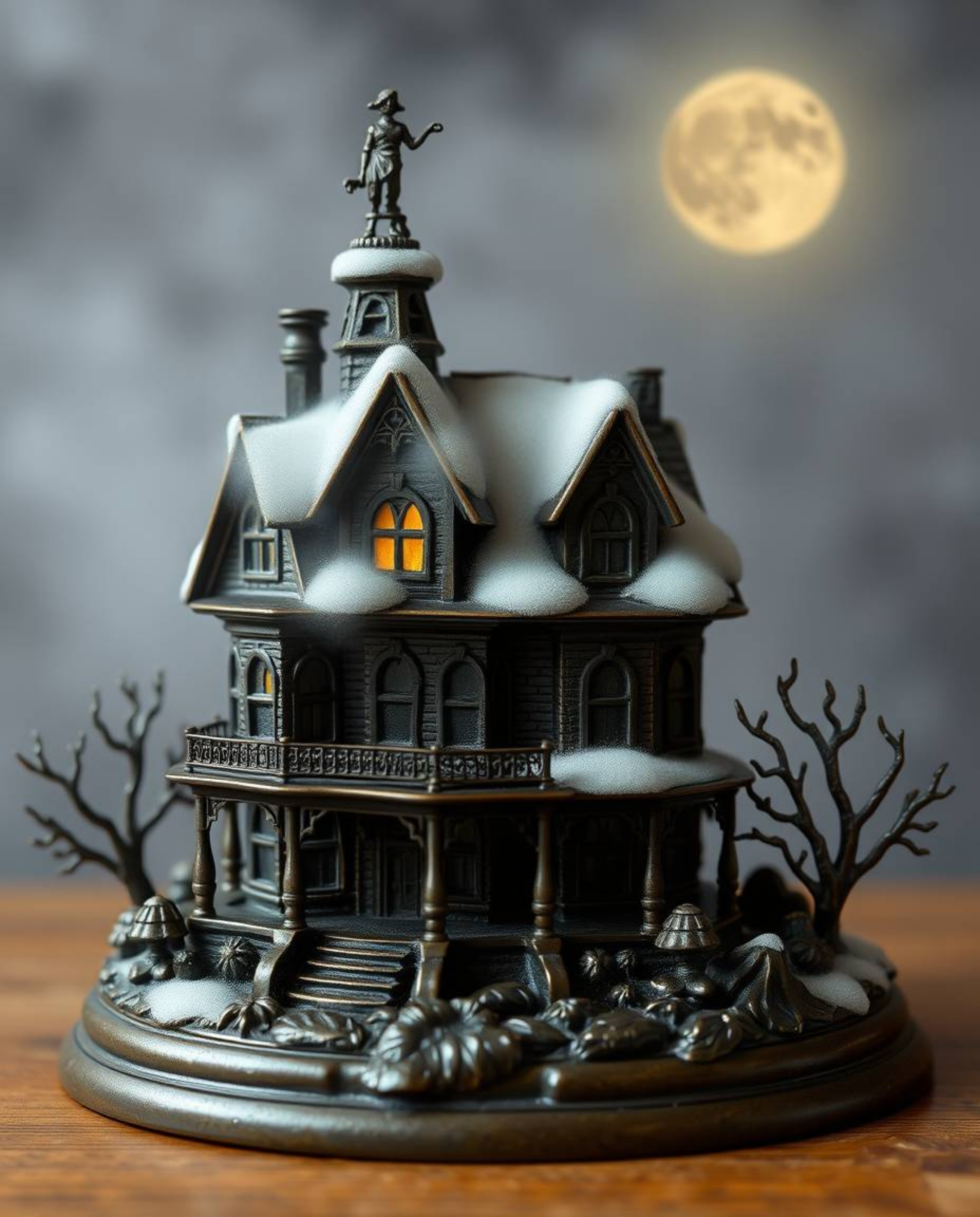 This adorable cast bronze sculpture features an antique patina finish and charming details, depicting a fog-covered Victorian