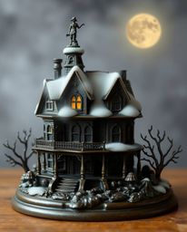 This adorable cast bronze sculpture features an antique patina finish and charming details, depicting a fog-covered Victorian