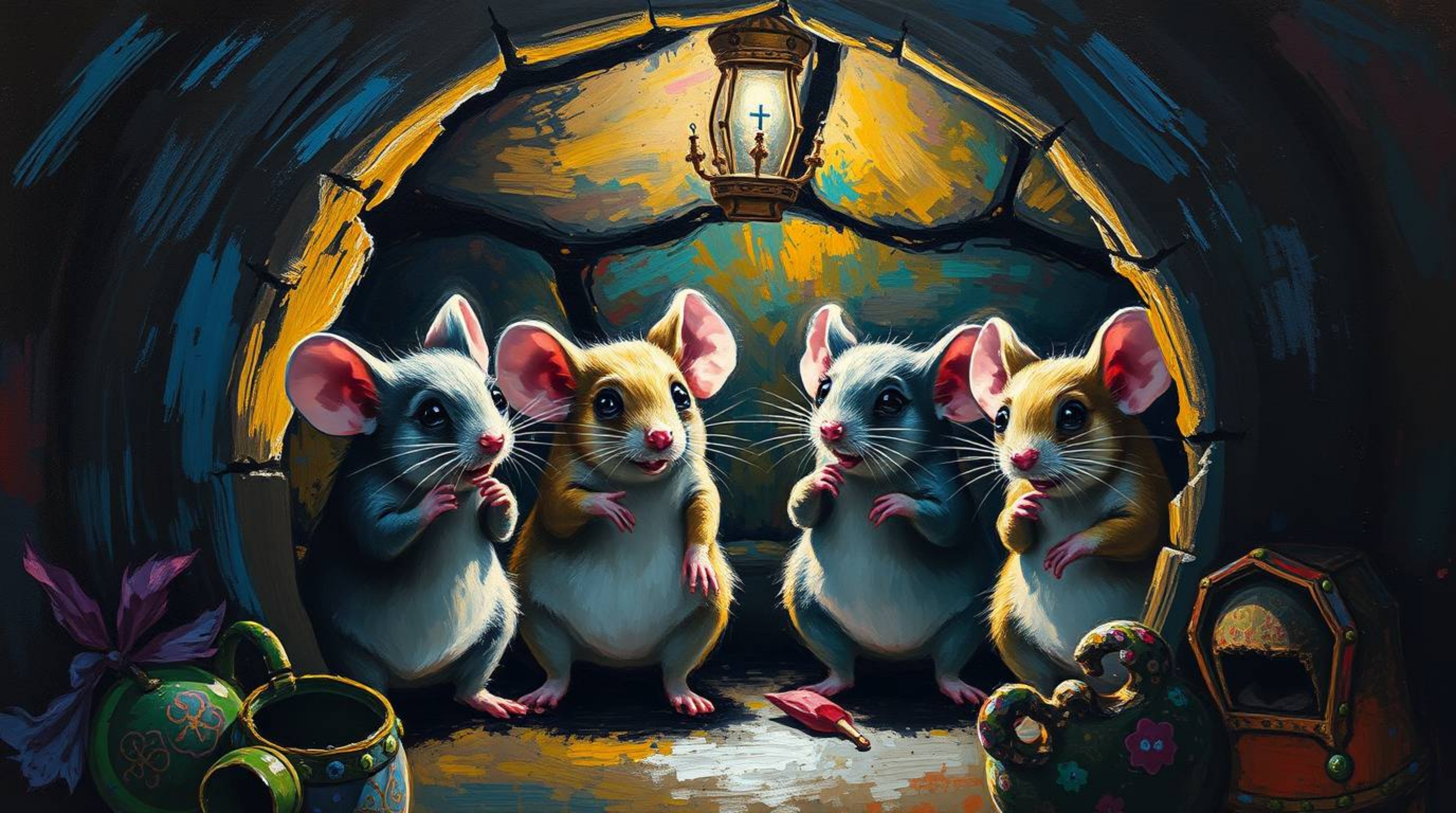 Experience the charm of anthropomorphic mice enjoying tea in a cozy cottage through this high-contrast, low-key acrylic paint
