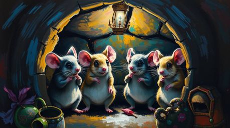 Experience the charm of anthropomorphic mice enjoying tea in a cozy cottage through this high-contrast, low-key acrylic paint