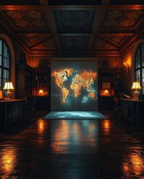 Immerse yourself in a mystical scene featuring a glowing map projected within the confines of an old study.  Experience an et