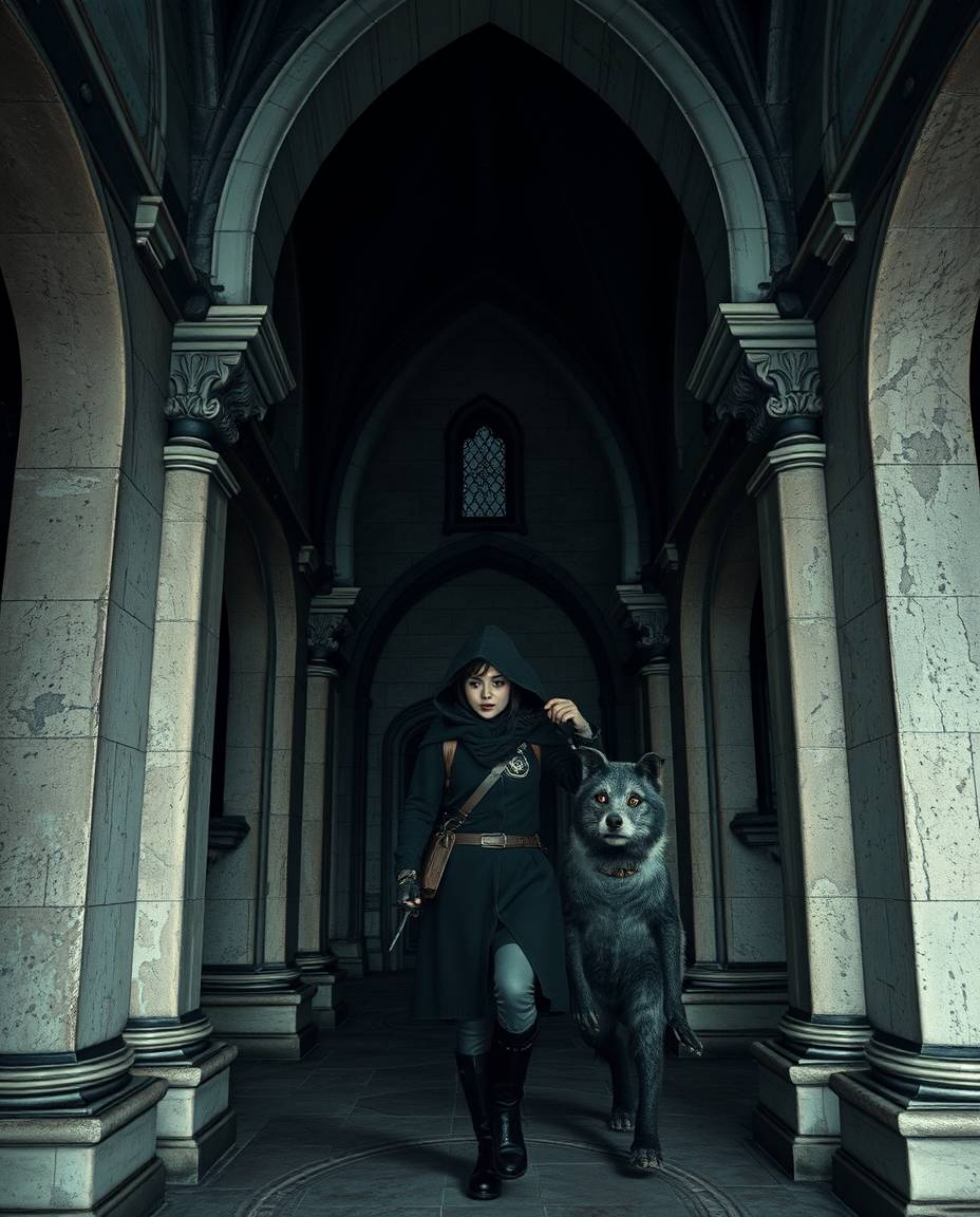 Explore a haunting architectural landscape with this sharp, detailed wide-angle photograph. A hero and their talking animal s