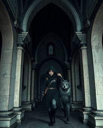 Explore a haunting architectural landscape with this sharp, detailed wide-angle photograph. A hero and their talking animal s