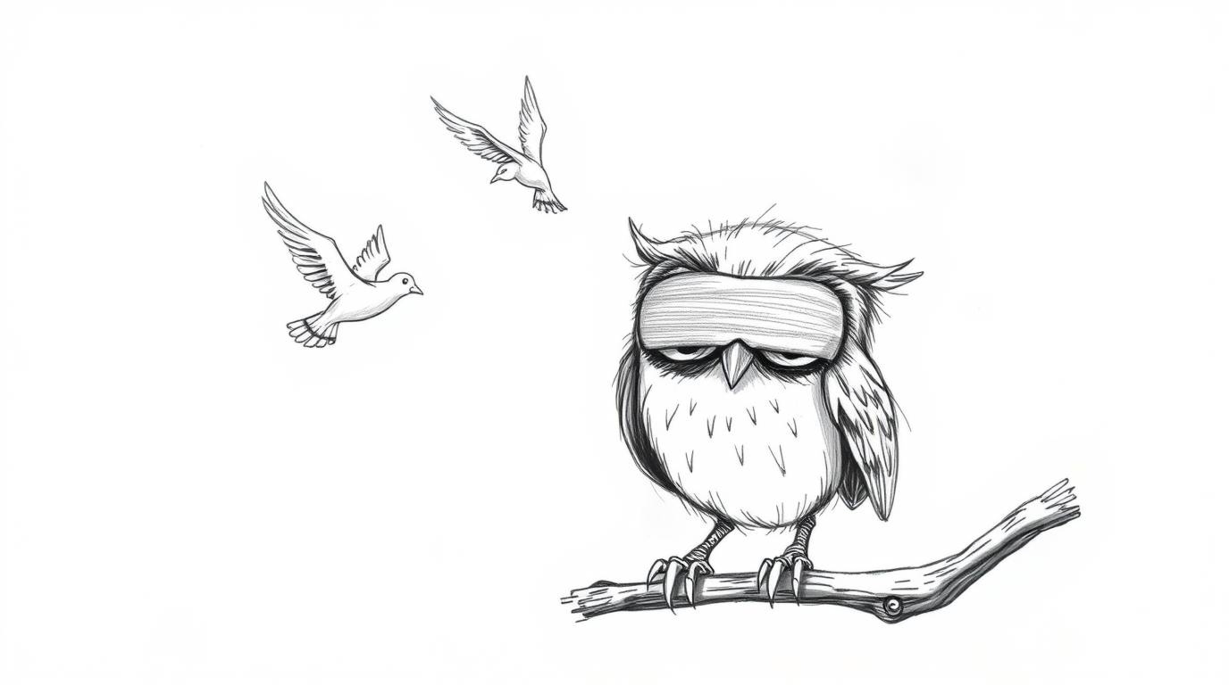 A whimsical, hand-drawn sketch in the style of Pixar showcases a blind owl with large, expressive eyes leading birds in fligh