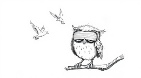 A whimsical, hand-drawn sketch in the style of Pixar showcases a blind owl with large, expressive eyes leading birds in fligh