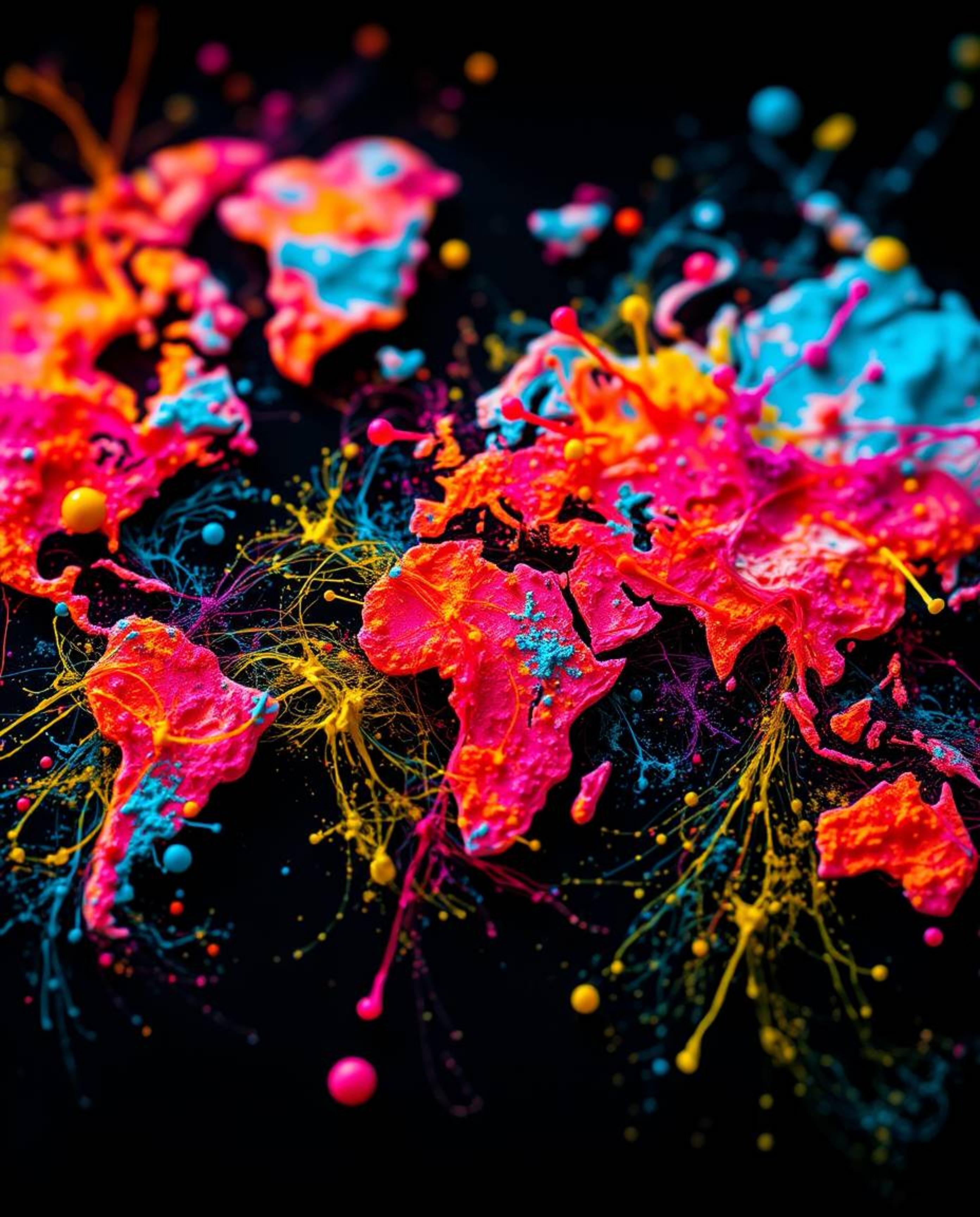 This image features an extreme macro close-up of a world map, artistically rendered using bright, colorful splashes. The abst