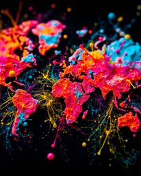 This image features an extreme macro close-up of a world map, artistically rendered using bright, colorful splashes. The abst