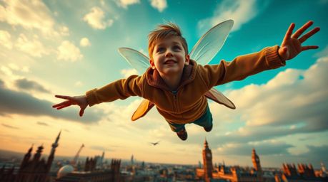 A captivating image depicting a young boy soaring above the London skyline, sprinkled with magical pixie dust.  The dramatic 