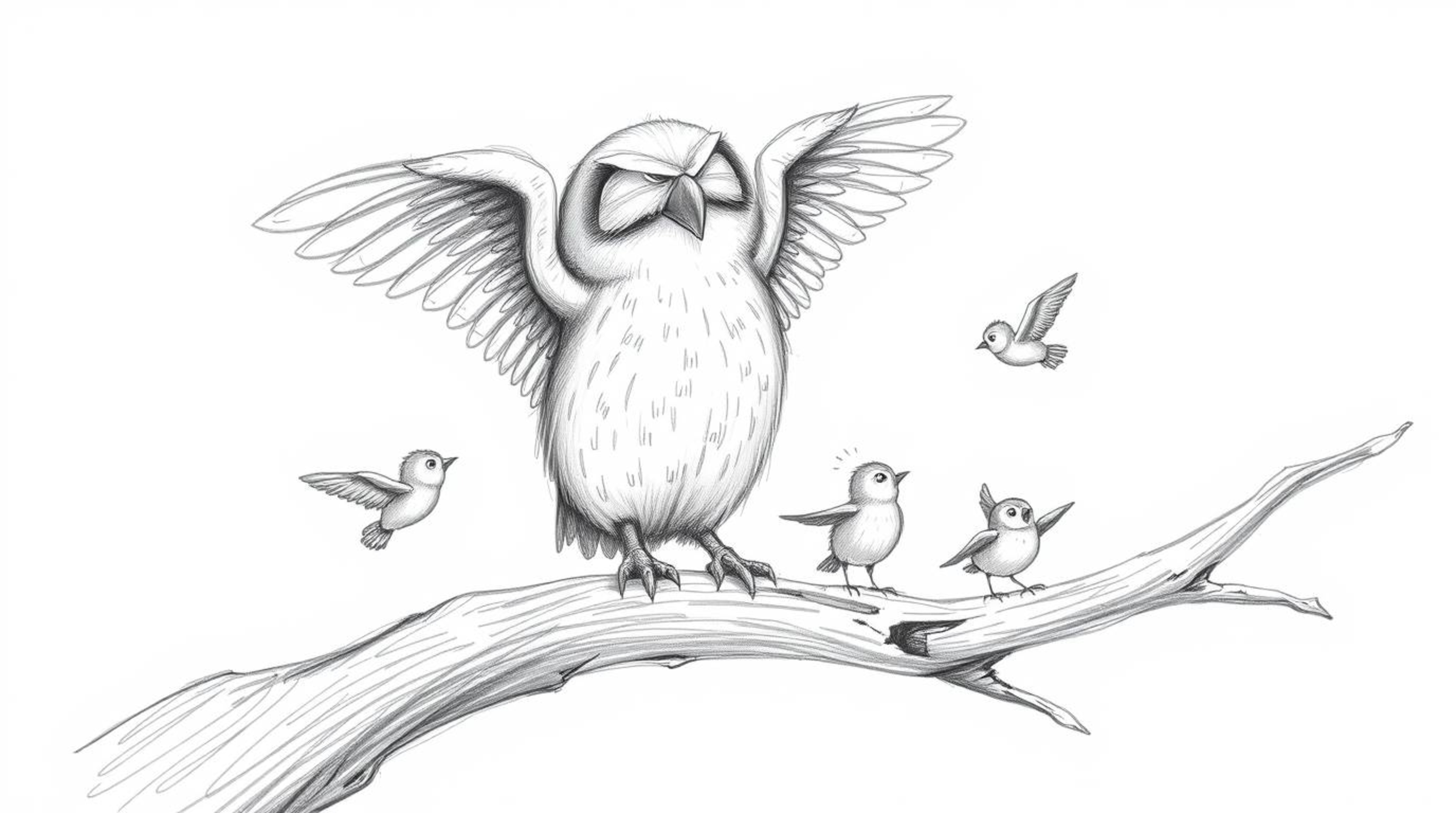 A heartwarming hand-drawn sketch in the style of Pixar depicts a blind owl with soft, feathery texture, patiently teaching sm