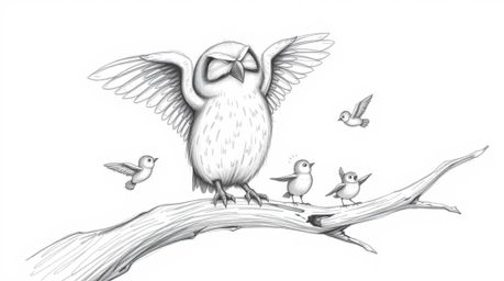 A heartwarming hand-drawn sketch in the style of Pixar depicts a blind owl with soft, feathery texture, patiently teaching sm