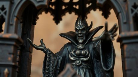 A captivating bronze sculpture depicts a classic Disney villain casting a spell within a detailed castle setting.  The dark p