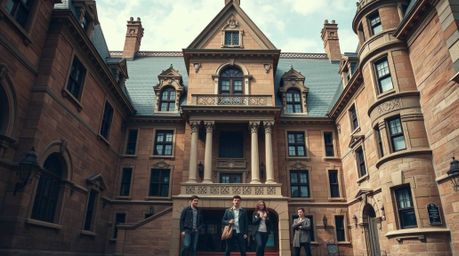 An architectural photograph capturing the essence of a haunted mansion in natural earth tones, where a group of teenagers emb