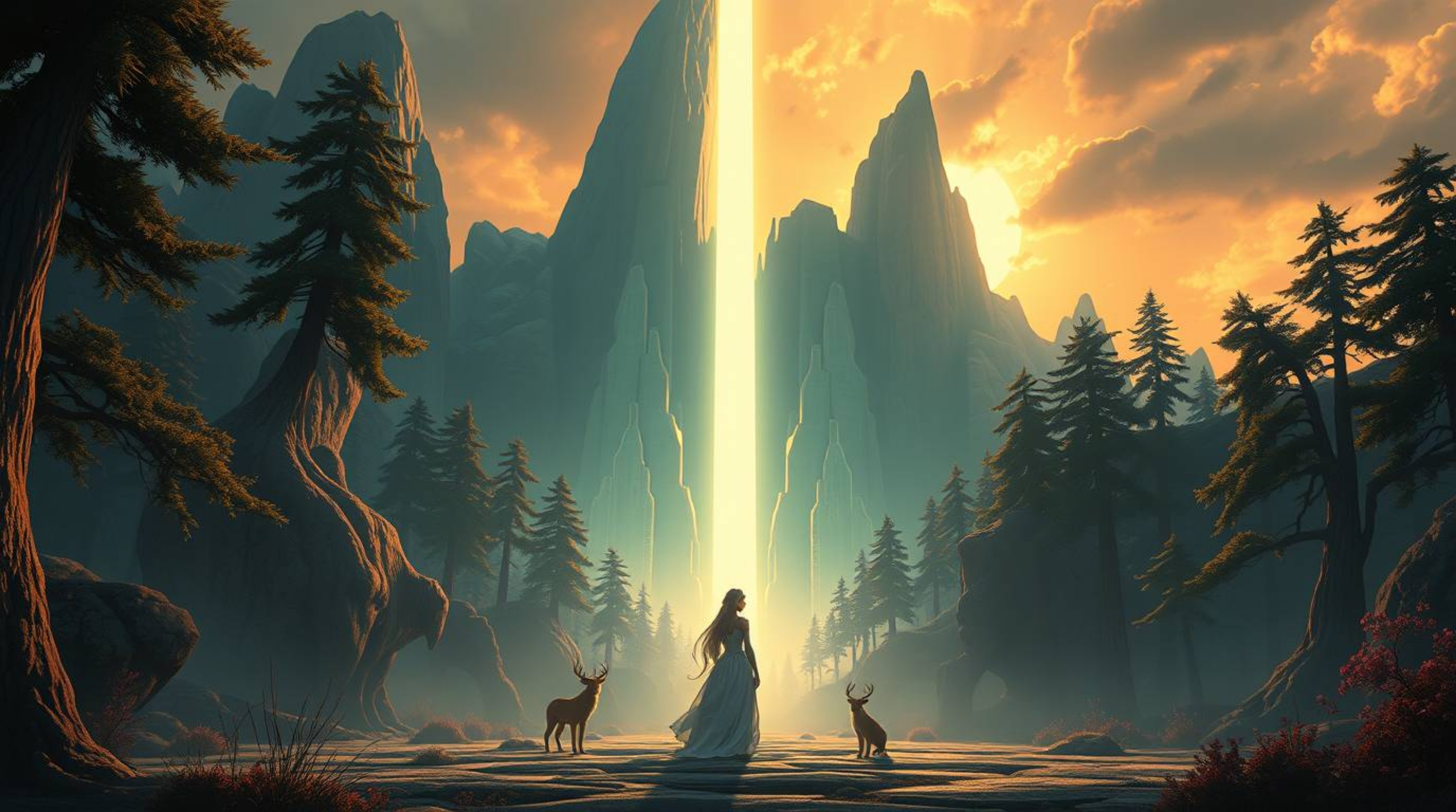 Experience a modern future grand epic scene featuring a princess with forest animals in a vintage 2D animation style. This st