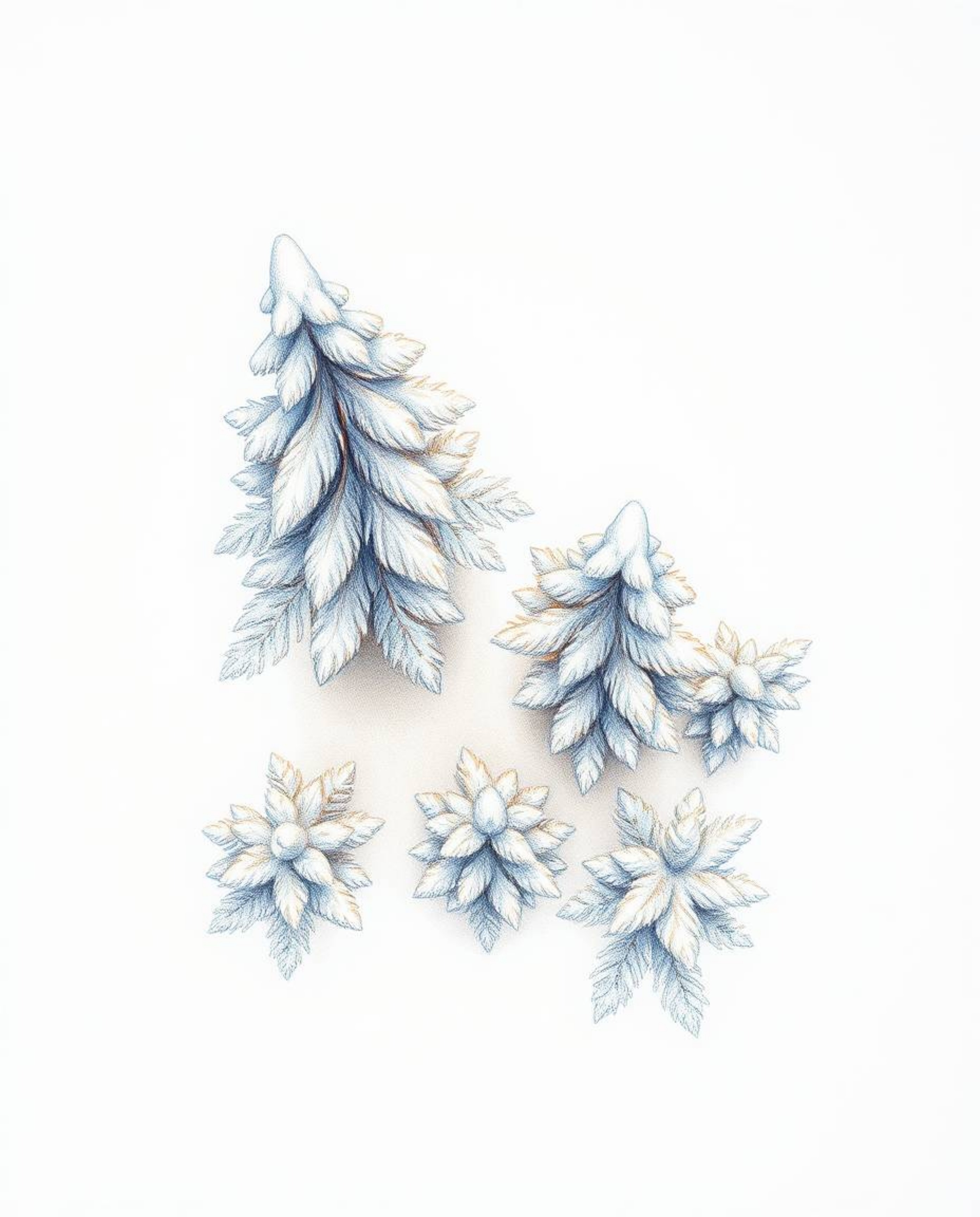 Overhead bird’s-eye view of hand-drawn snowy pine trees sparkling in iridescent sunset light. Rough pencil strokes, textured,