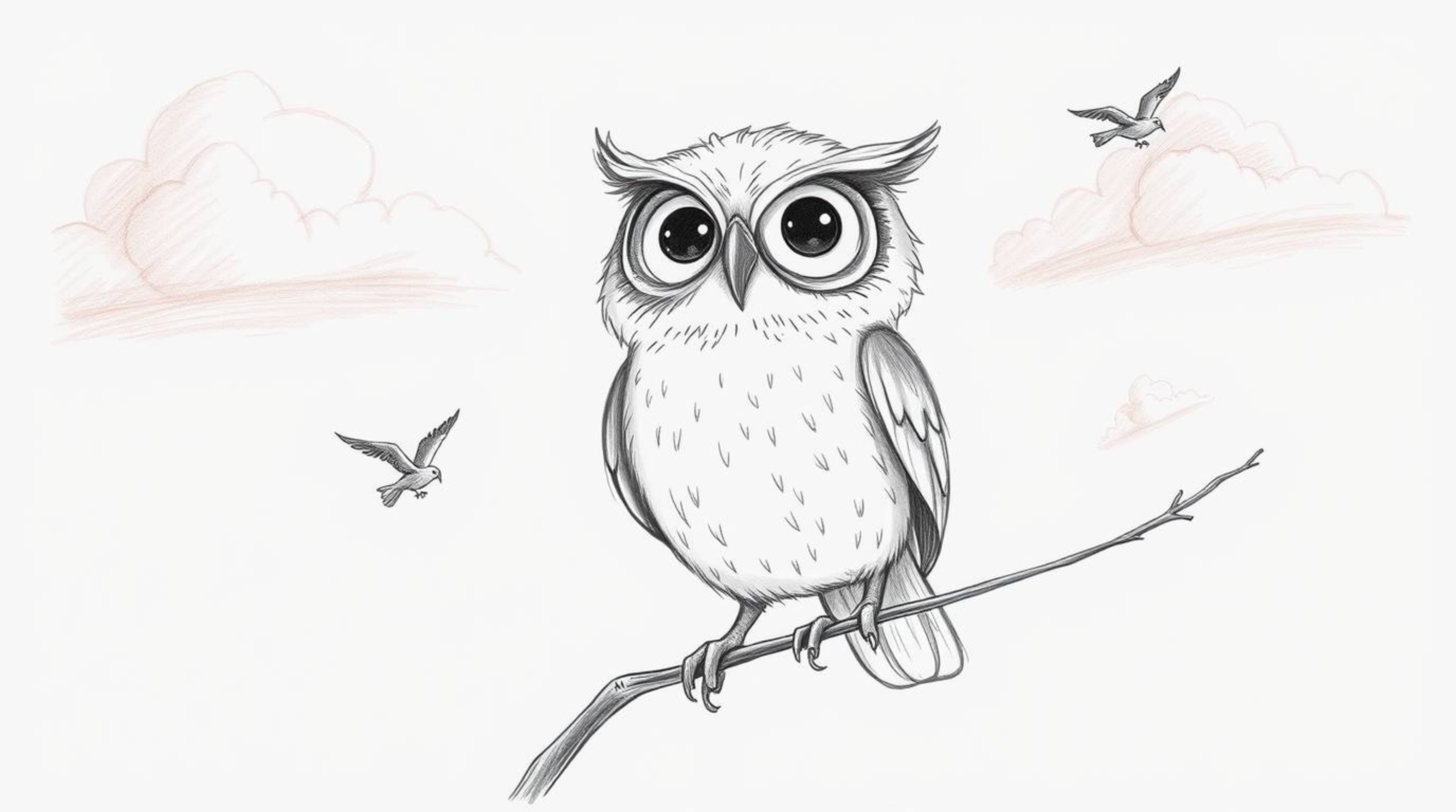 A gentle, hand-drawn sketch depicts a blind owl with soft, rounded features guiding small birds through a dreamlike sky.  Ren