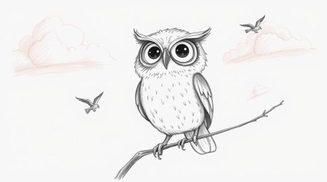 A gentle, hand-drawn sketch depicts a blind owl with soft, rounded features guiding small birds through a dreamlike sky.  Ren