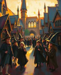 Immerse yourself in a classic oil painting depicting a magical school brimming with young wizards, all bathed in the warm, en