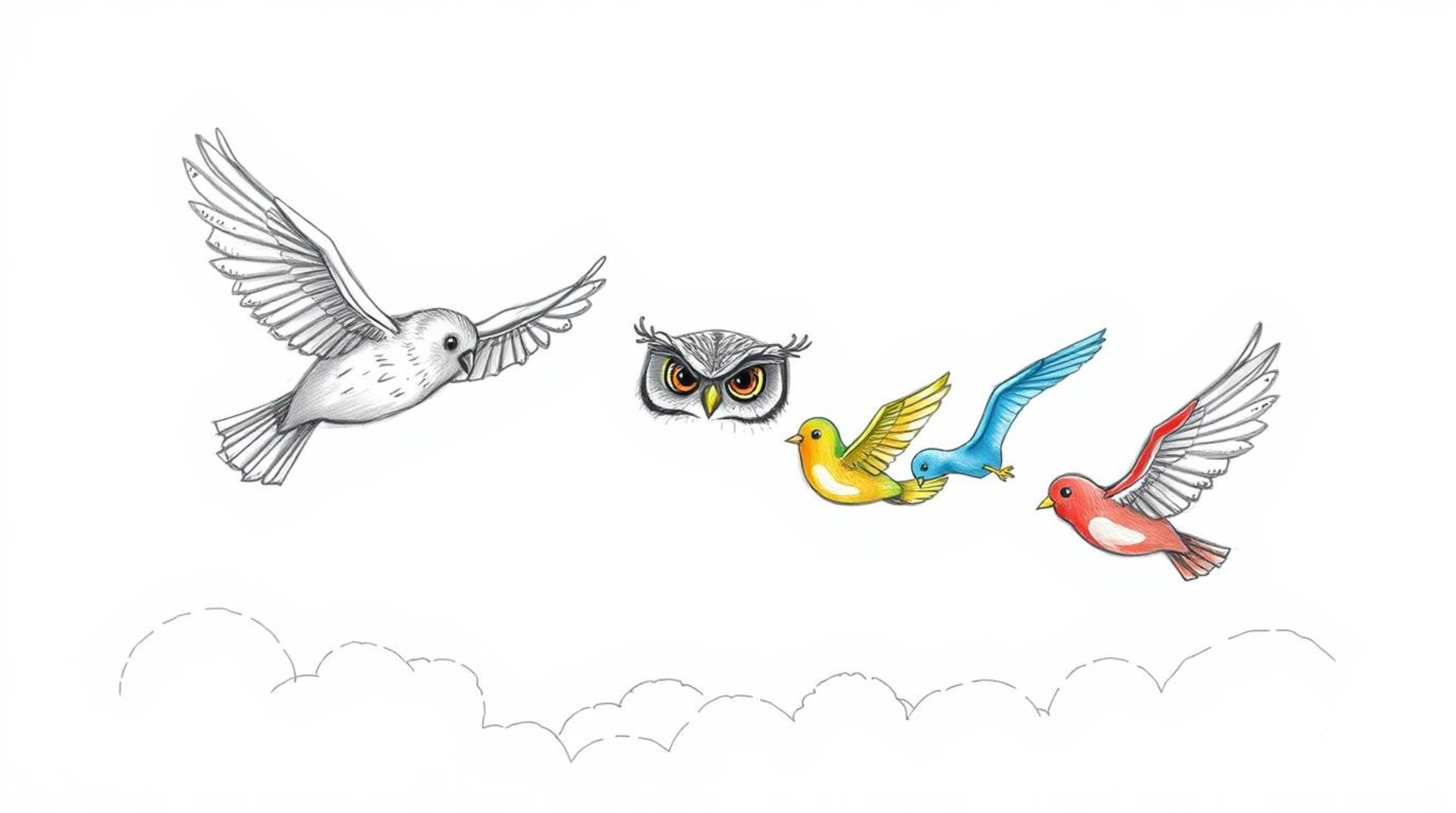 A heart-warming hand-drawn sketch depicting a wise, blind owl in a Pixar-inspired style. The owl, with textured pencil lines 
