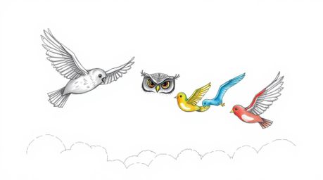 A heart-warming hand-drawn sketch depicting a wise, blind owl in a Pixar-inspired style. The owl, with textured pencil lines 