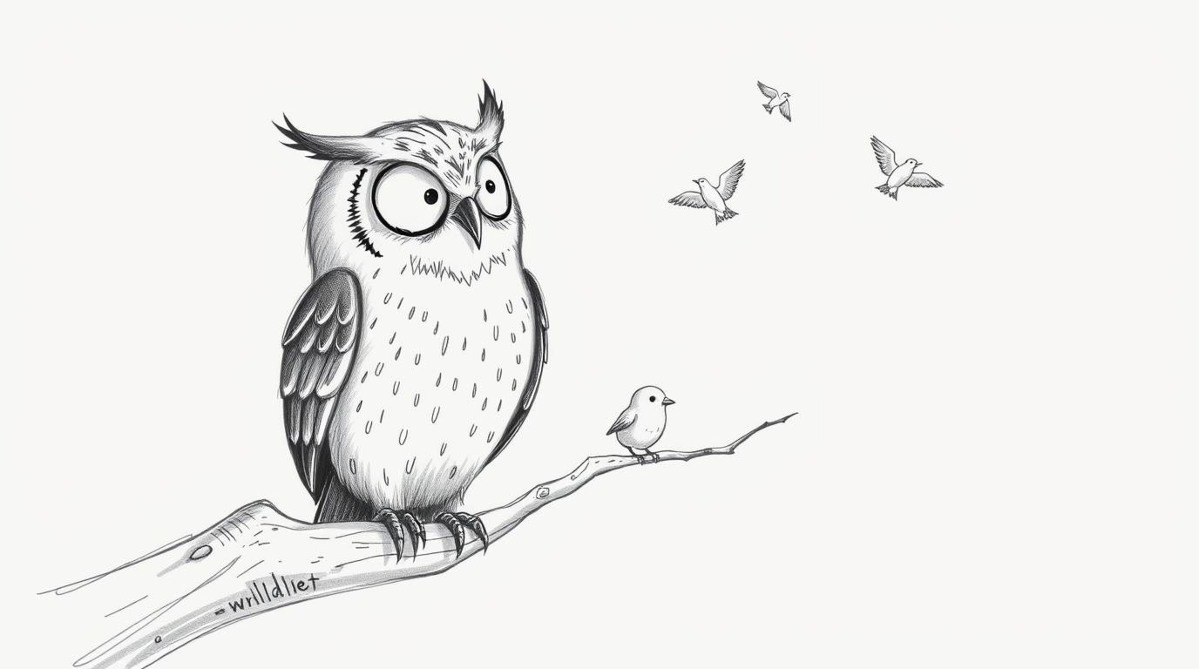 A whimsical, Pixar-style depiction of a blind owl teaching birds to fly by tapping its wings on a hollow branch. This hand-dr