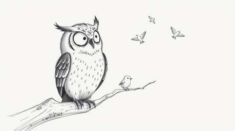 A whimsical, Pixar-style depiction of a blind owl teaching birds to fly by tapping its wings on a hollow branch. This hand-dr