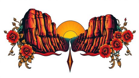 A vibrant, retro-style traditional tattoo art print showcases a detailed split composition of a rocky canyon bathed in warm s