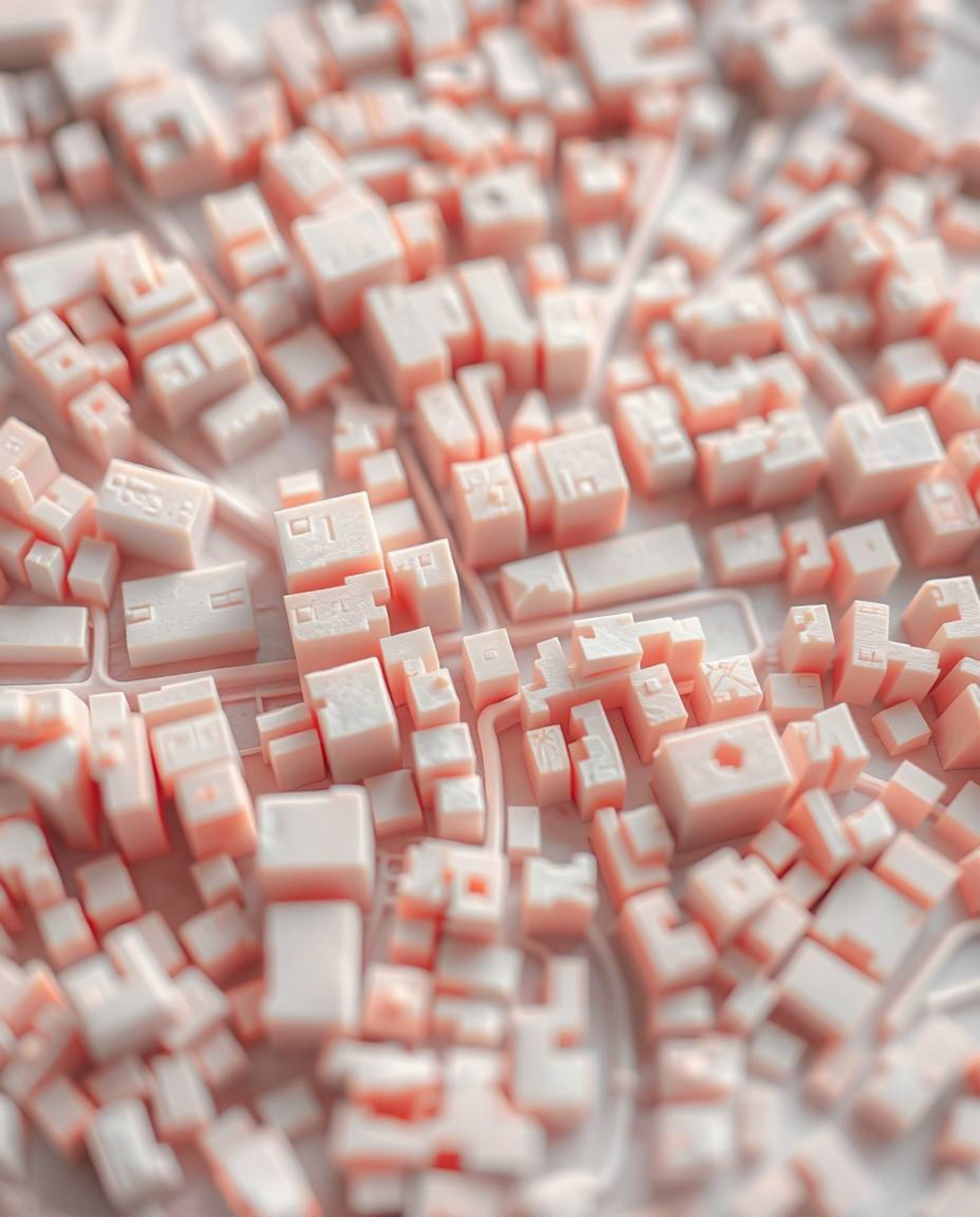 A captivating extreme macro shot reveals a soft, pastel-colored abstract city map composed of intricate geometric shapes.  Vi