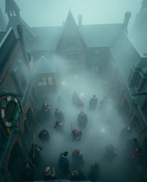 Explore a captivating magical school brimming with young wizards, captured from a breathtaking bird's eye view. The scene is