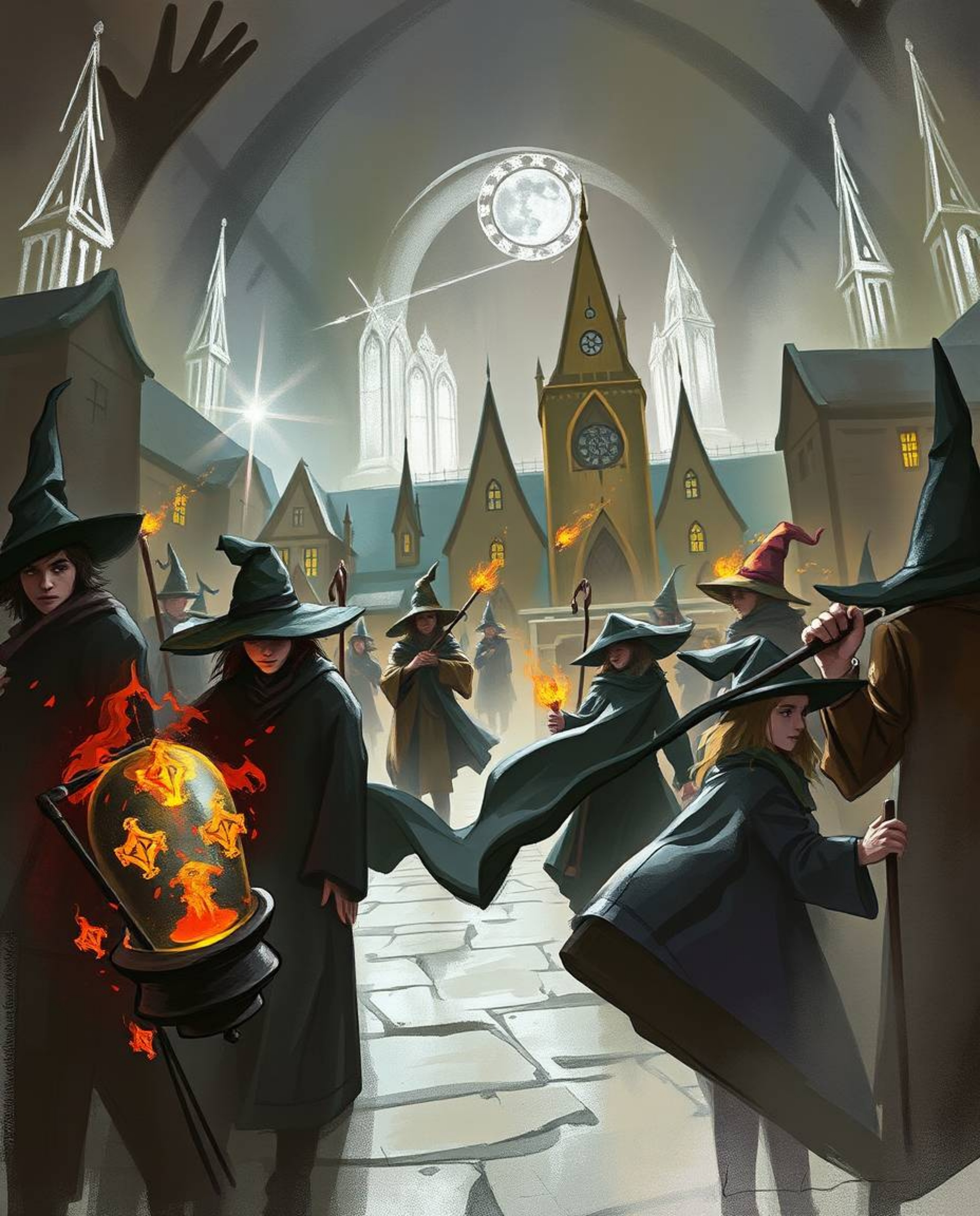 A dynamic digital sketch captures a magical school bustling with young wizards, rendered in loose, painterly strokes and comp