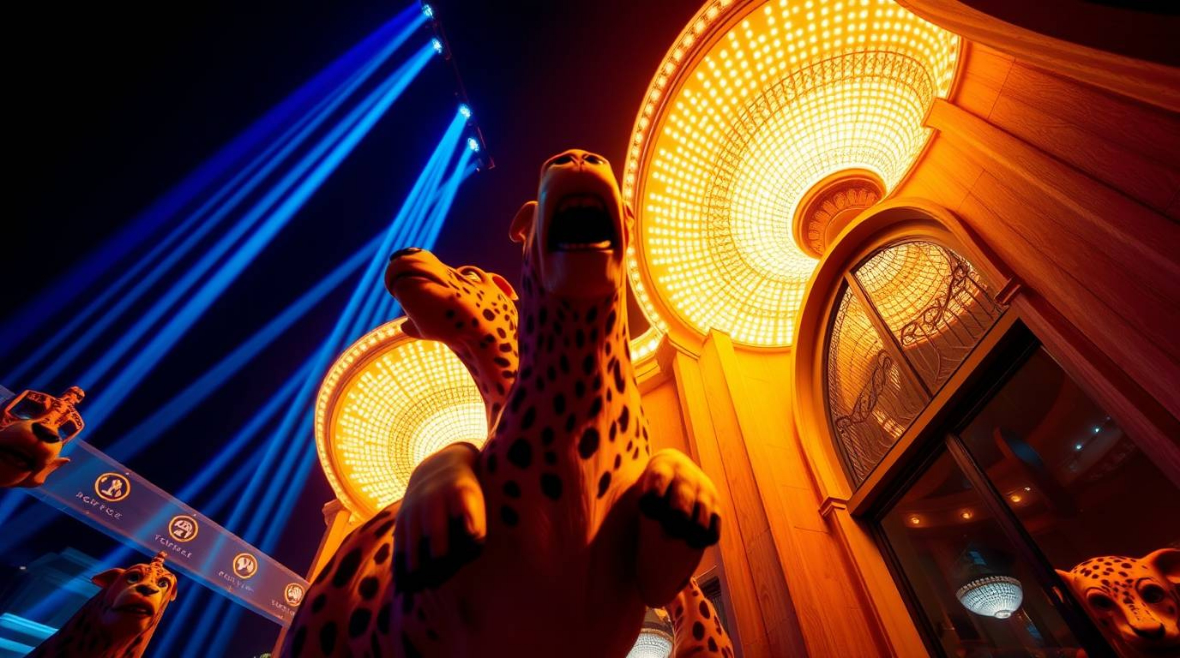 Experience a vibrant and surreal animal dance party captured through a low-angle architectural photograph.  Disco lights illu