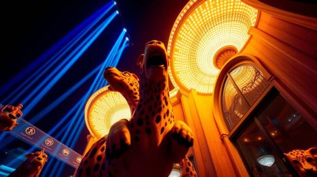 Experience a vibrant and surreal animal dance party captured through a low-angle architectural photograph.  Disco lights illu
