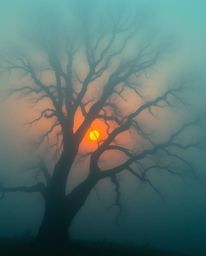 Thick fog obscuring a deep teal sunset behind an old oak tree with twisted branches. This high-resolution image captures rich