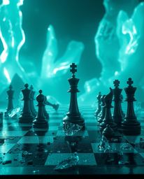 A breathtaking image depicting a grand, epic scene of a chessboard with pieces suspended mid-air in frozen destruction. Rende