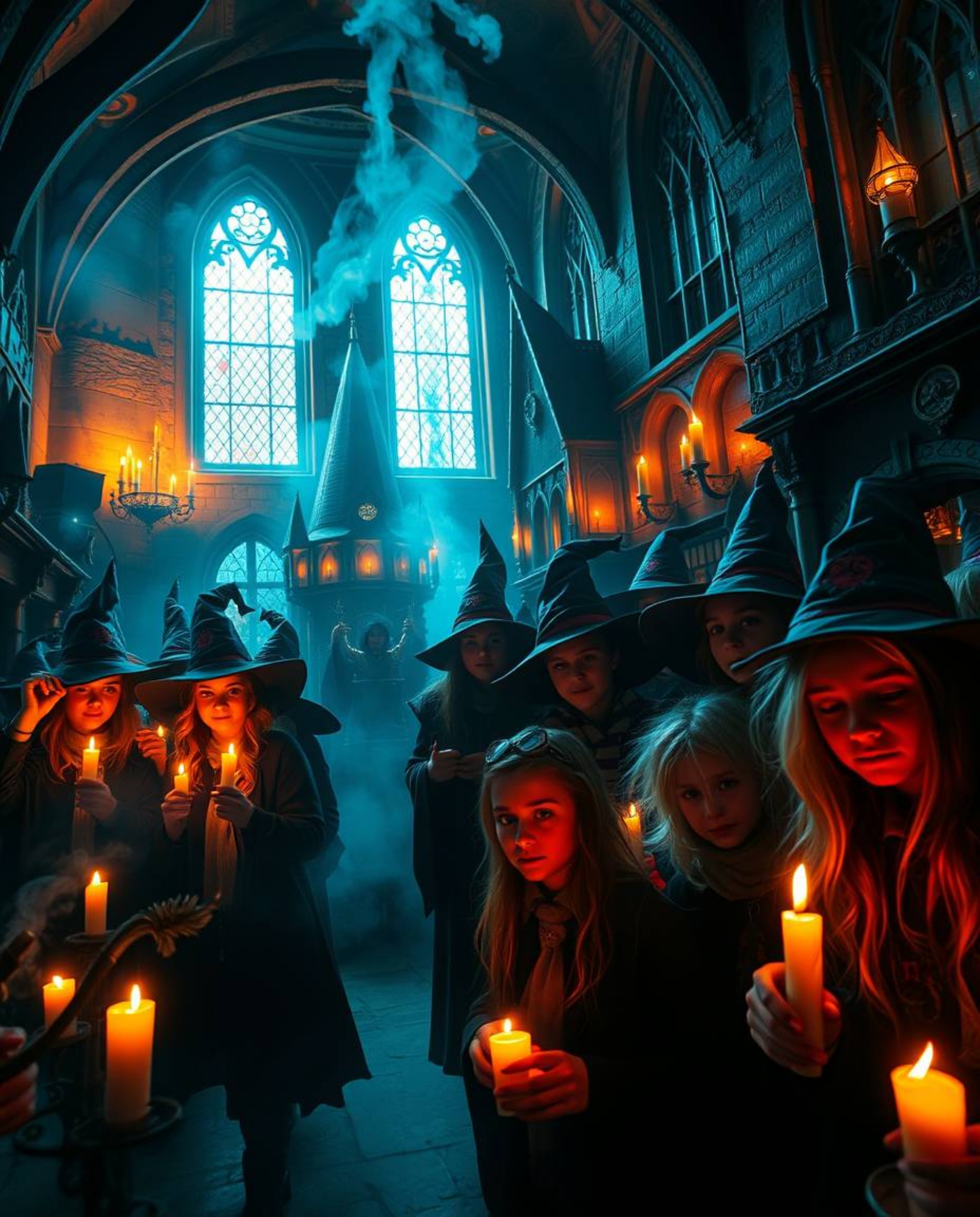 Discover a captivating magical school brimming with young wizards, where bright vibrant colors contrast with an eerie, creepy