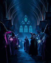 Explore a magical school bathed in high contrast, low-key lighting and a cool color palette of blues, greens, and purples.  I