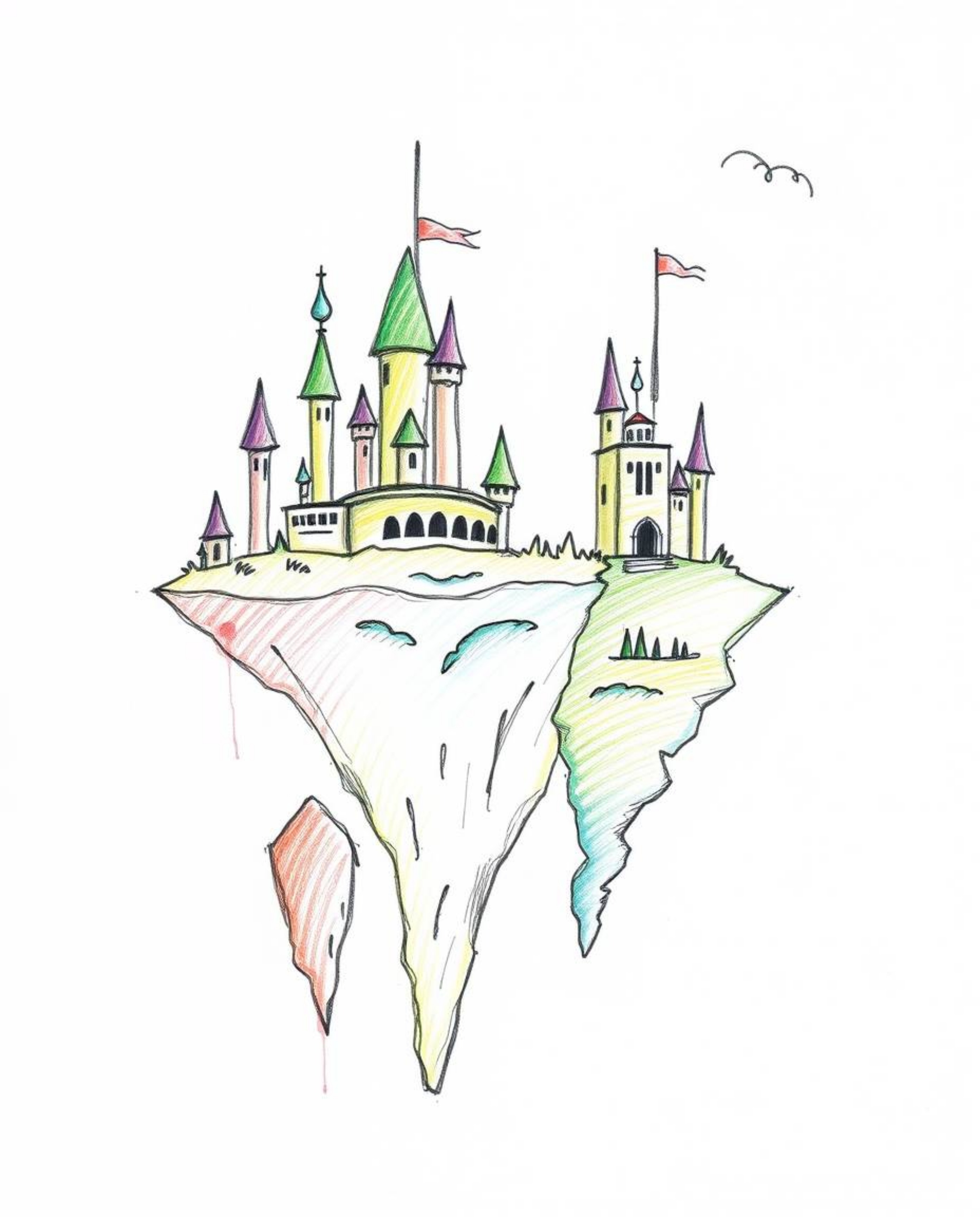 A whimsical hand-drawn sketch depicts a vibrant kingdom with floating islands and majestic castles, rendered with rough lines
