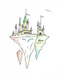 A whimsical hand-drawn sketch depicts a vibrant kingdom with floating islands and majestic castles, rendered with rough lines