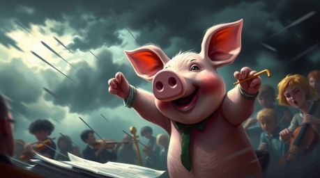 A dynamic digital painting depicts a pig character passionately conducting an orchestra amidst a dramatic, stormy weather sce