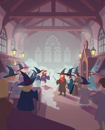 Explore a modern flat design illustration of a magical school bustling with young wizards. The scene is enhanced with volumet