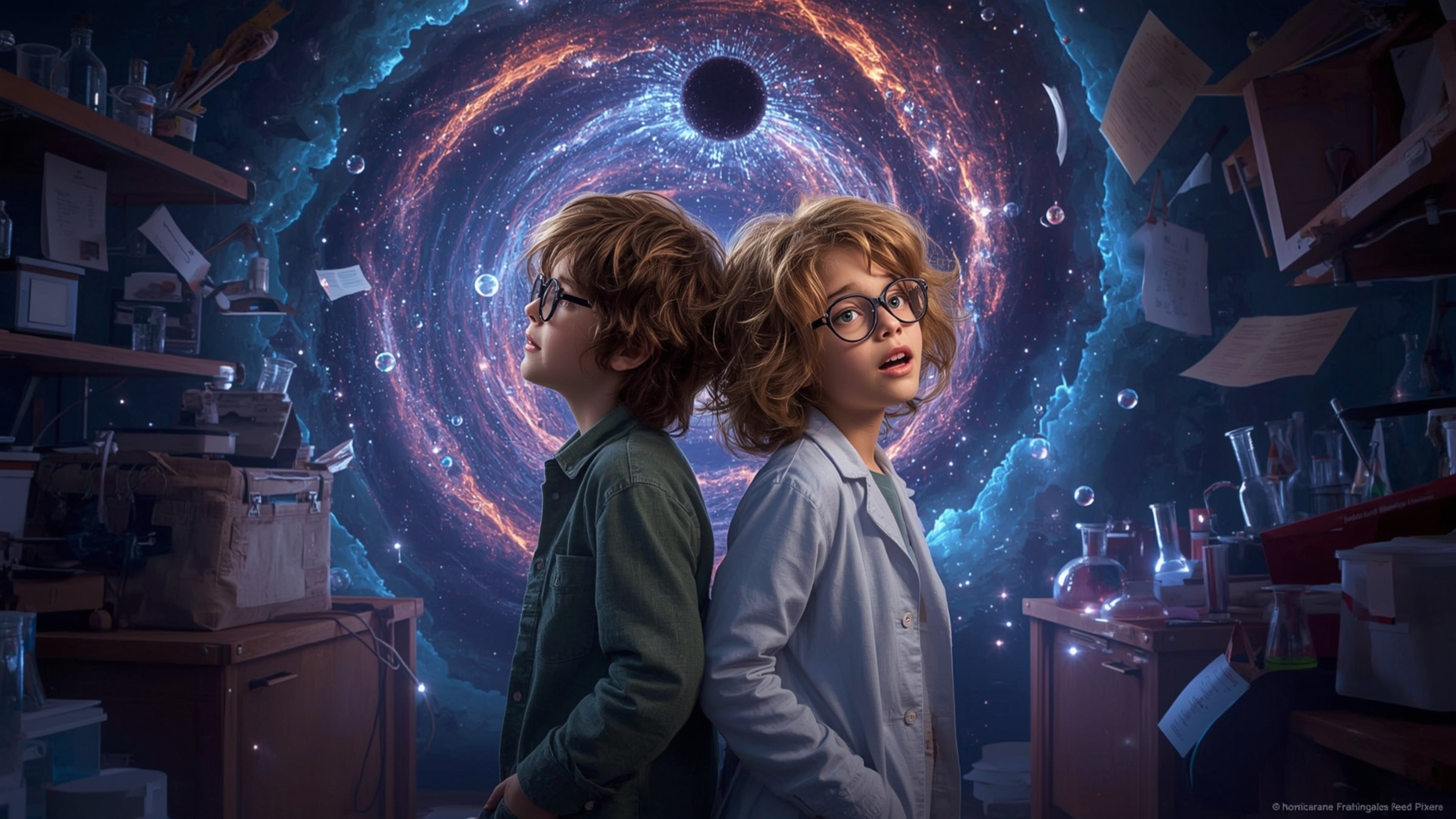 A dramatic, whimsical photograph with a cinematic flair, reminiscent of Pixar, depicts a thrilled science fair duo—a curious 