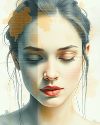 A delicate watercolor painting showcases a mesmerizing transformation: a human face dissolving into a digital data stream.  T