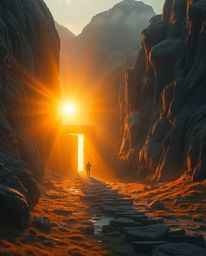 Witness an epic and grand scene featuring an ancient doorway, glowing with mysterious runes, nestled within a majestic mounta