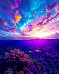 A digital painting of a coral reef at low tide under a colorful sky, distinguished by its use of deep ultraviolet hues and vi