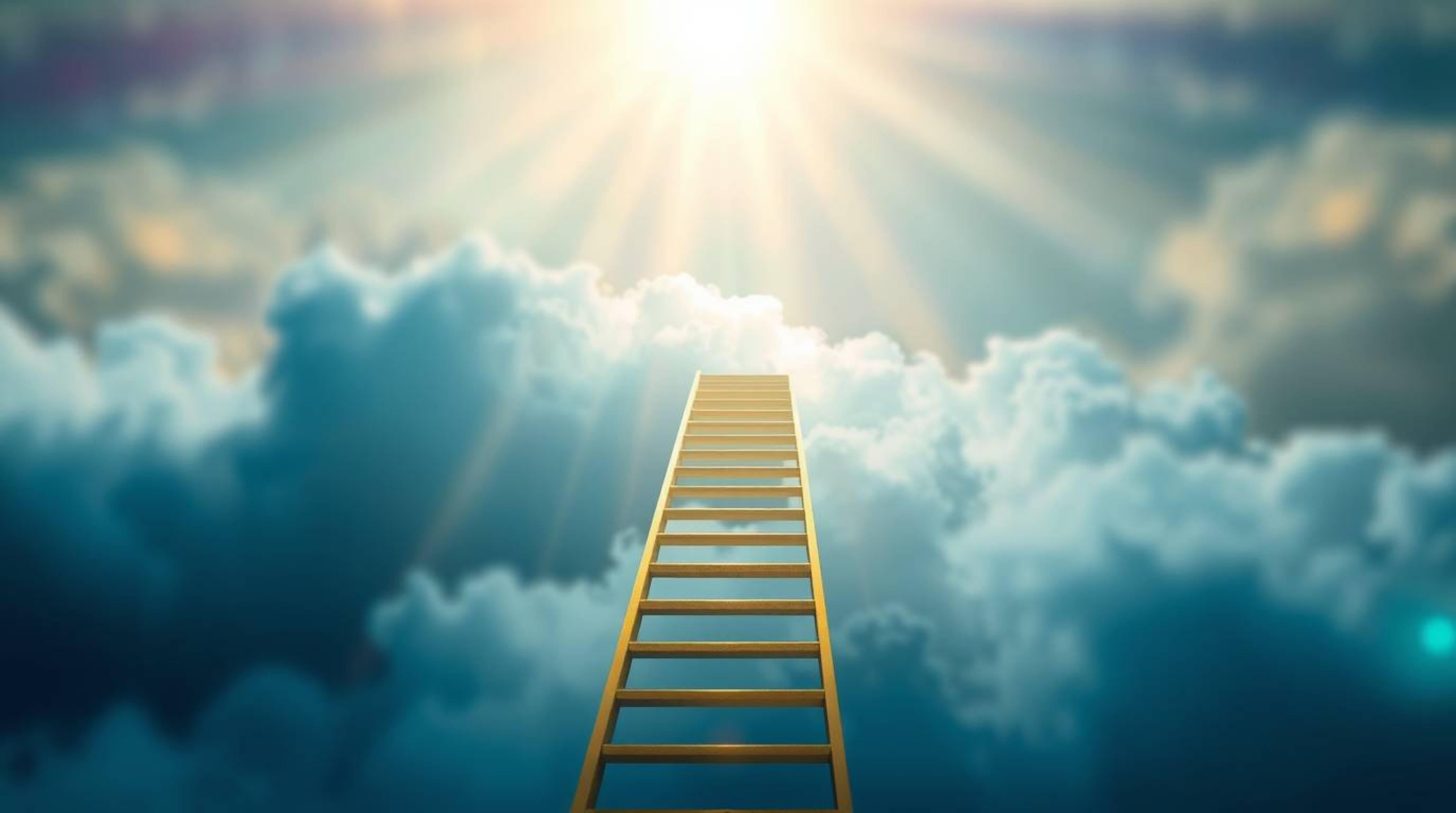 A golden staircase climbs through a swirling cloudscape, reaching towards a luminous heaven with radiant sunlight breaking th